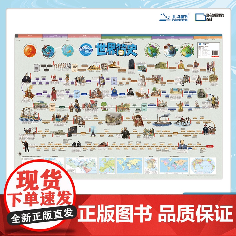 [北斗正版]中国简史和世界简史地图唐诗宋词地图新版 儿童房高清防水大尺寸挂画百科地图 学生家用地理历史语文启蒙地图抖音同高清大图
