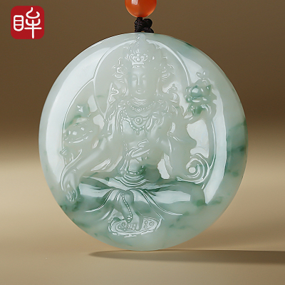 [已售]印象眸[玉雕大师周子周工作室作品]翡翠吊坠 度母飘绿观音男款玉石孤品挂件 附送证书