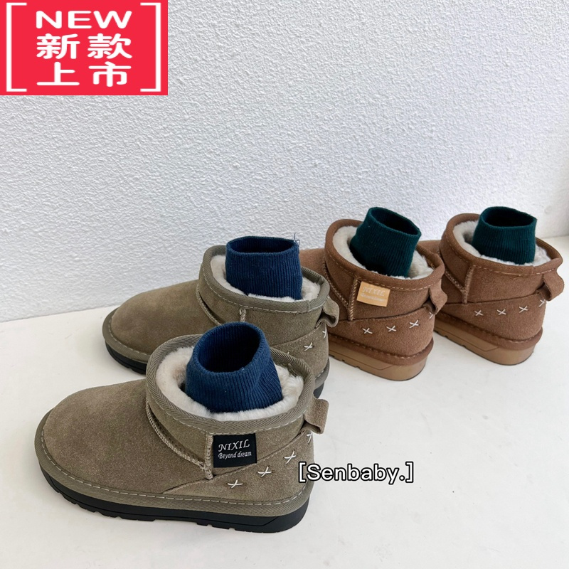 可莉允senbaby童鞋女童单靴百搭加厚靴子儿童鹿皮绒套脚保暖雪地靴短靴