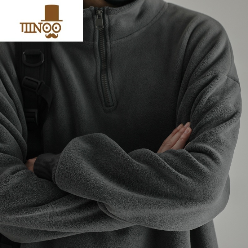 YANXU半拉链高领奥粒绒卫衣男日系复古纯色加绒厚外套双面绒上衣高清大图