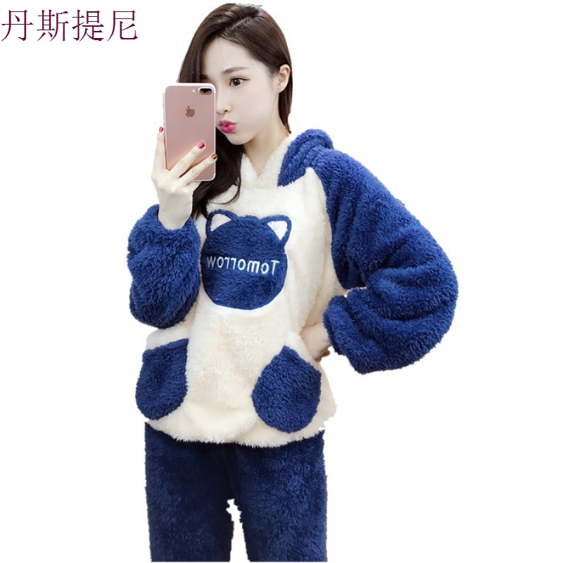 冬季套头睡衣女士冬天珊瑚绒可爱卡通可外穿加厚法兰绒家居服套装