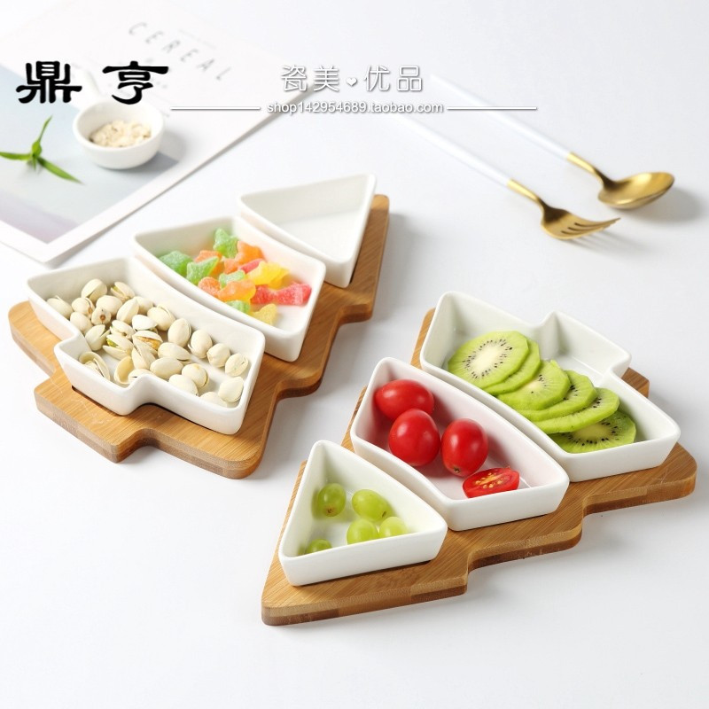 鼎亨景德镇陶瓷竹木圣诞树托盘点心零食盘小吃水果盘碟子餐具沙拉