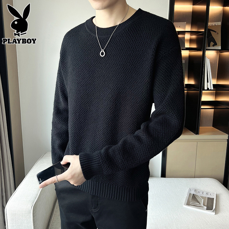 花花公子圆领毛衣男士春季新款潮休闲打底衫白色毛线衣男士针织圆高清大图