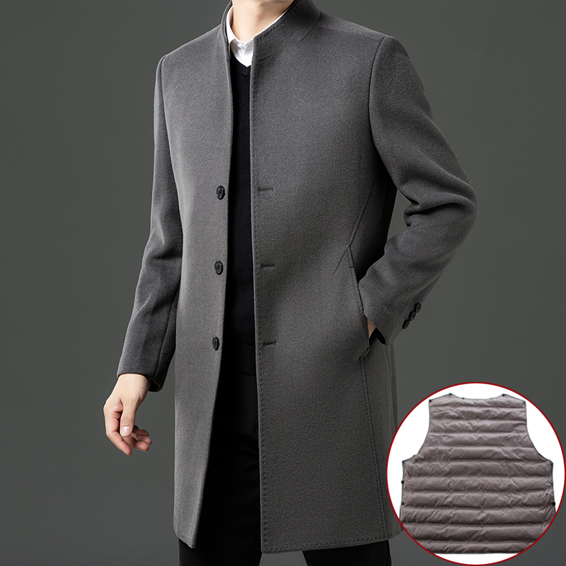 双面呢鹅绒内胆男士羊绒大衣羽绒内胆可拆卸中青年羊毛呢子中长款外套爸爸针织上衣服活里活面鹅绒内胆风衣中老年羽绒外套大码冬装高清大图