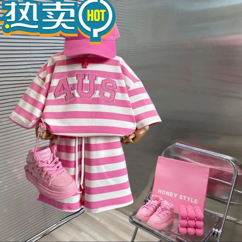 绿彩虹光中小儿童短袖套装2023夏季女童宝宝条纹刺绣休闲T恤短裤两件套潮图片