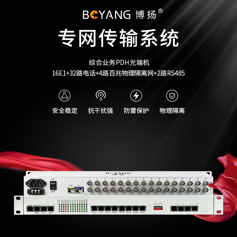 博扬 综合业务PDH光端机 16E1+32路电话(可定制磁石)+4路百兆物理隔离网络+2路RS485 1对价
