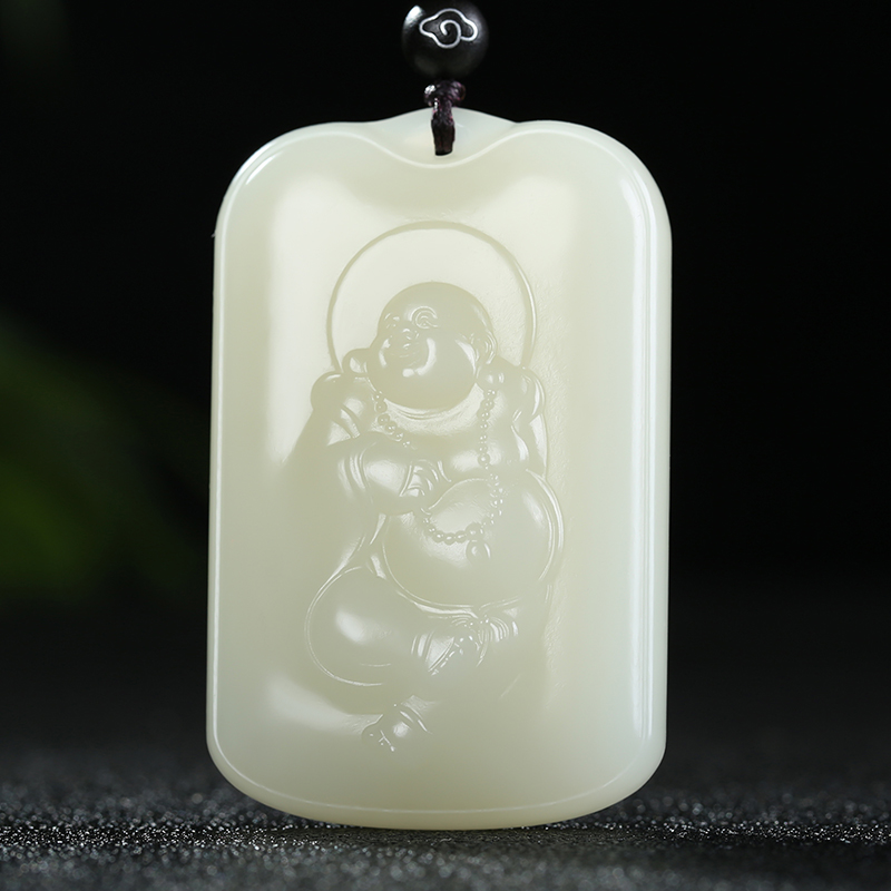 [佛佑一生]新疆和田玉白玉弥勒佛牌子吊坠玉坠挂件玉佩天然玉石