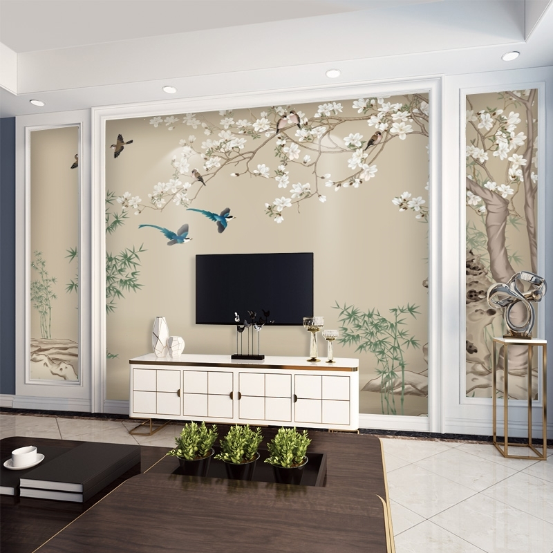 闪电客新款素色花鸟墙布壁画客厅装饰电视背景墙壁纸中式卧室墙纸背景