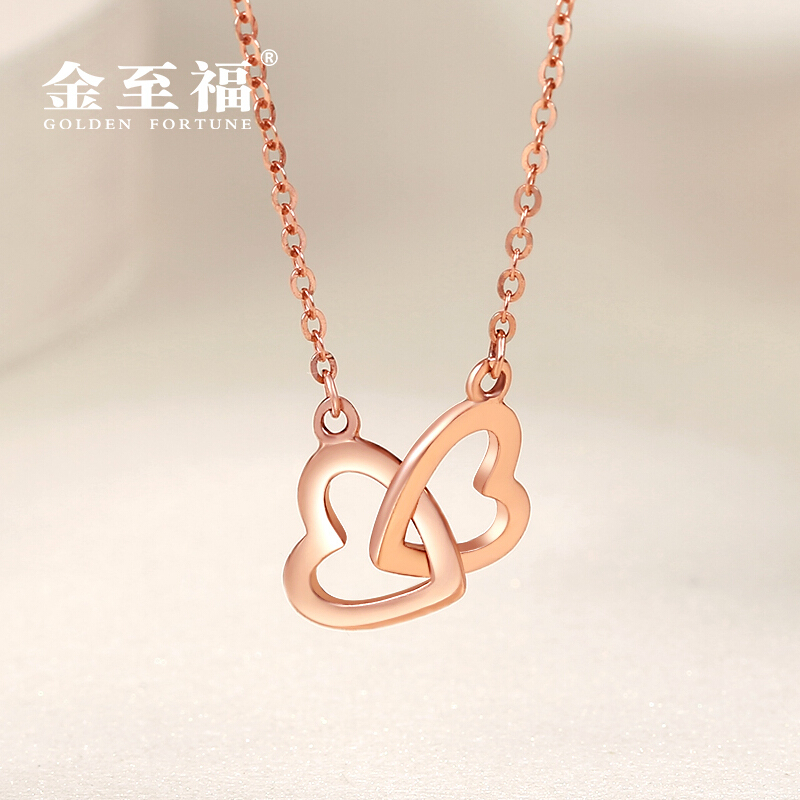 金至福18k金项链女玫瑰金锁骨链彩金au750双环爱心刻字甜蜜约定视频