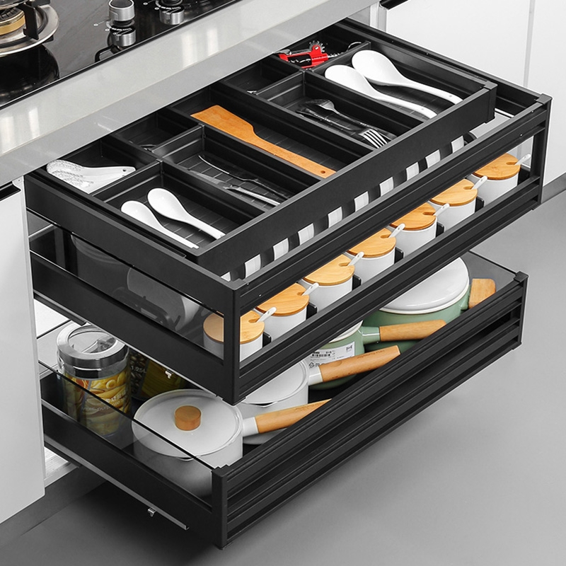 拉篮半梅厨房橱柜铝合金抽中抽屉式碗碟篮厨柜收纳架内置碗篮碗架