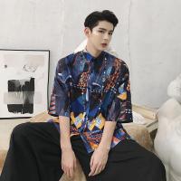 夏款潮牌短袖衬衫男士休闲印花衬衣夜店型师男装中袖五分袖寸衫