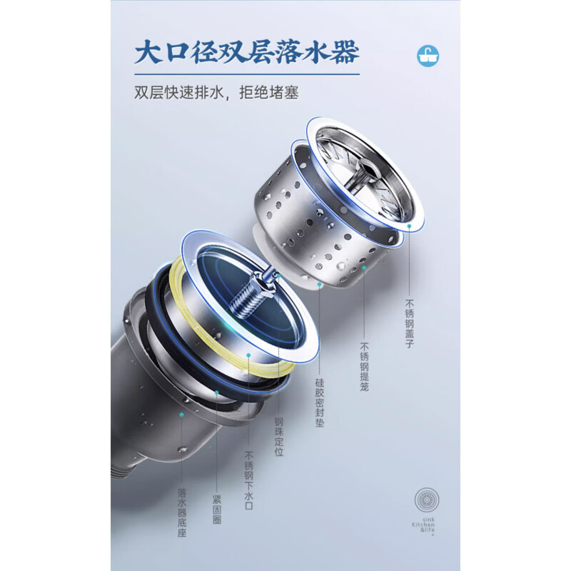 欧琳水槽大双槽一体拉伸304不锈钢水槽厨房洗菜盆洗碗池后置落水孔J006(零售云)