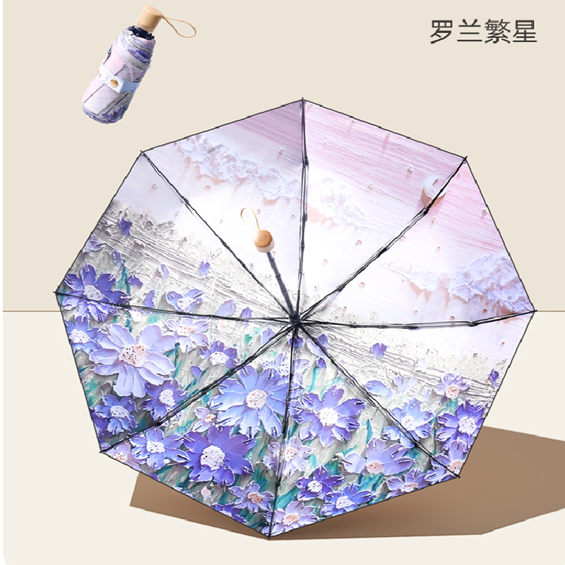 手动五折黑色钢骨纤维 加厚黑胶布[双面双花]清风手柄YF-W2023001 晴雨两用伞