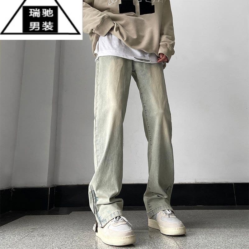 希杰狮王黄泥染拉链开叉牛仔裤男春季水洗做旧vibe美式拖地裤潮牌微喇裤子图片