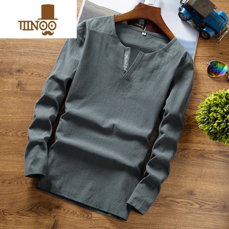 YANXU中国风T恤男长袖V领大码胖子复古上衣亚麻打底衫棉麻料衣男装 4XL一般体重175到190斤 字母灰蓝色