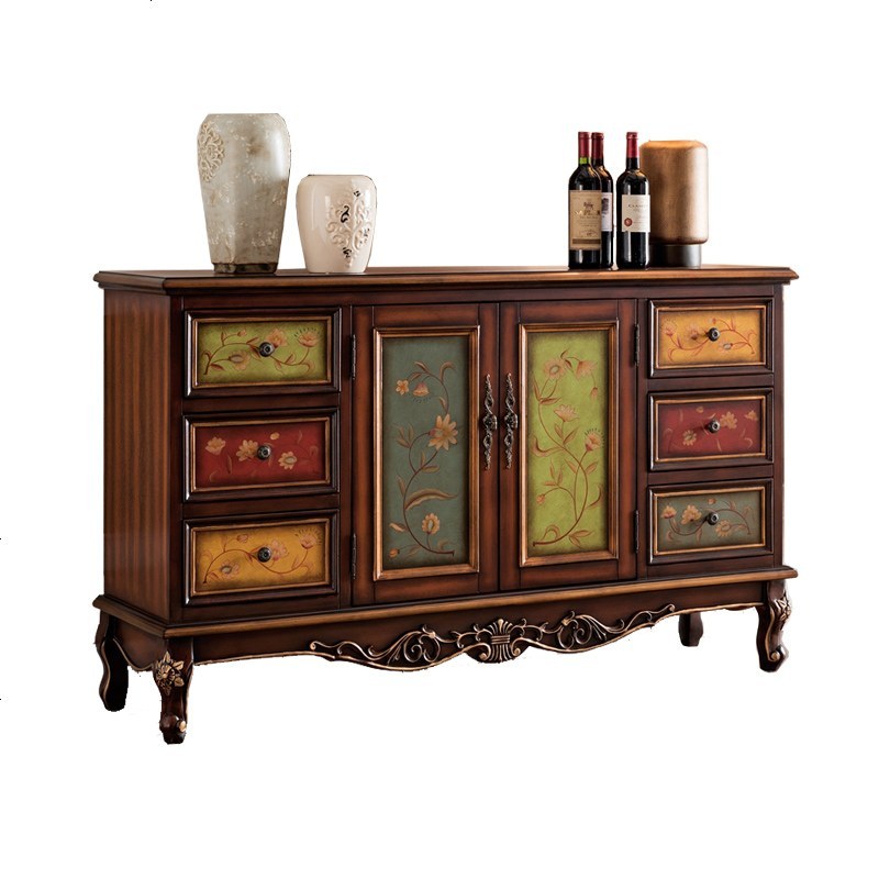 美式餐边柜实木欧式备餐柜彩绘玄关柜斗柜储物收纳柜子家具1.5米