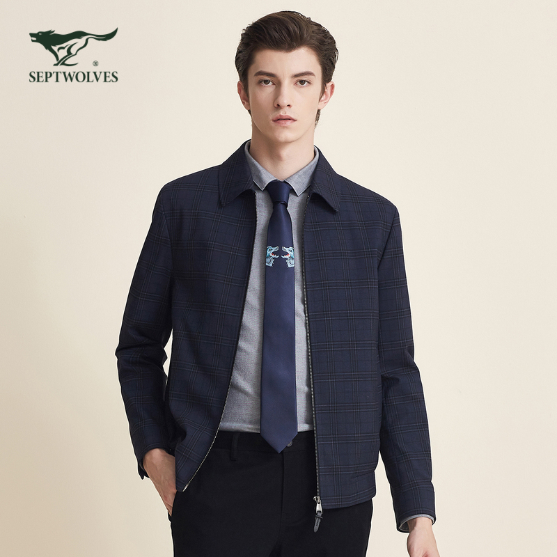 七匹狼夹克男士秋季新款商务休闲格子纹翻领双开拉链单茄克外套男装
