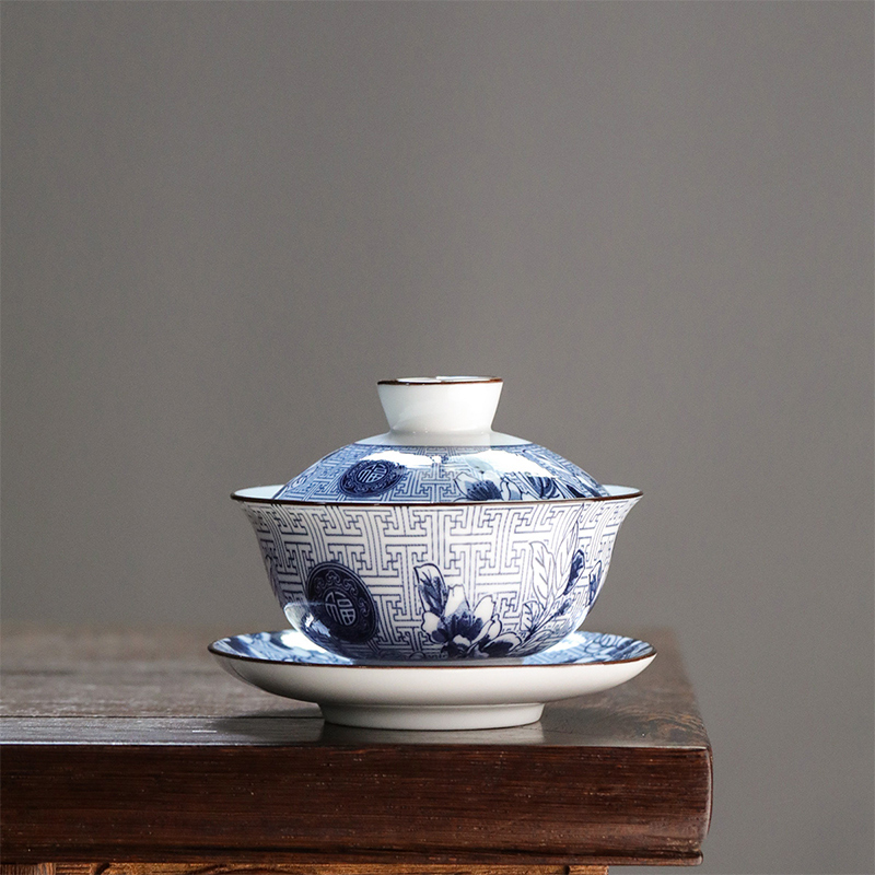 領藝 青花盖碗茶杯大号家用陶瓷三才泡茶碗功夫景德镇风格茶具 万福盖碗