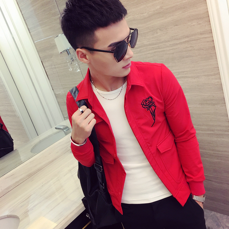 型师夜店男装帅气夹克秋季薄款修身外套青年韩版个性绣花夹克潮