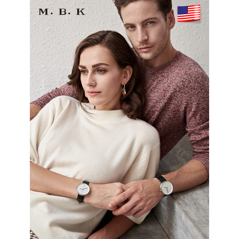 M.B.K欧美品牌石英表 情侣手表男女简约时尚休闲潮流腕表真皮表带纤薄男表女表三针经典款M-1004
