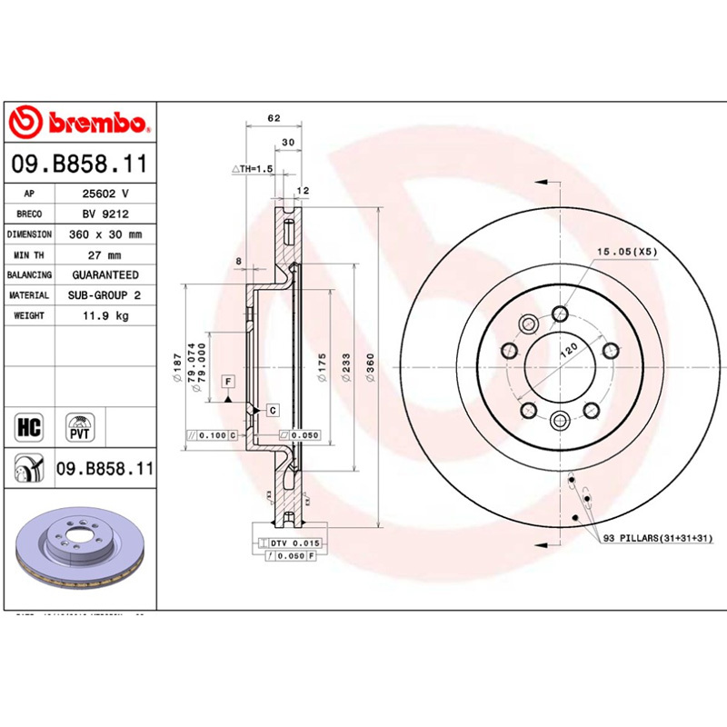 布雷博(brembo)前盘09.B970.11适配16款奥迪S5/16-18款A7/14-18款保时捷Macan(对装)