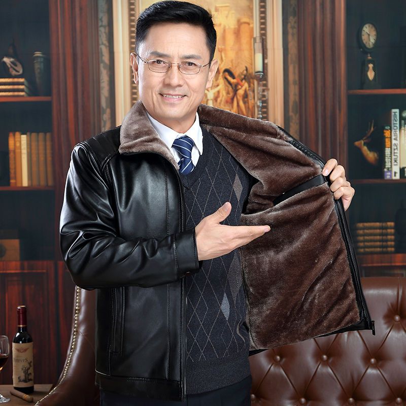 中年男士皮衣加绒皮衣男休闲皮夹克宽松大码皮衣外套中老年爸爸装衫伊格