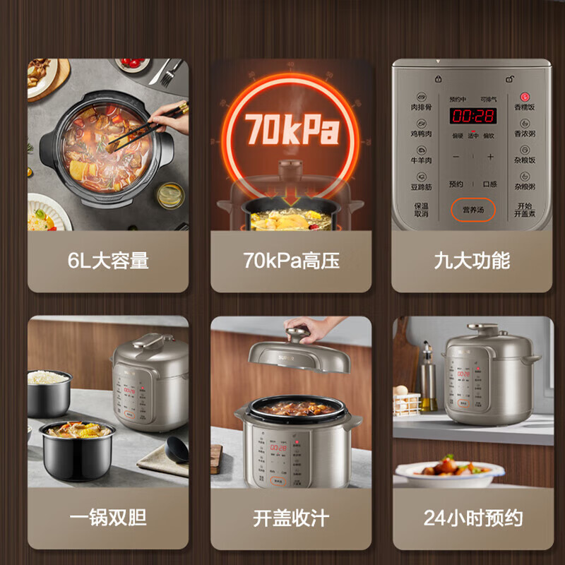 苏泊尔电压力锅精控火候美味烹饪家用全自动智能预约压力锅1-3-8人电饭煲煲汤易清洁 SY-60YC16 6L高清大图