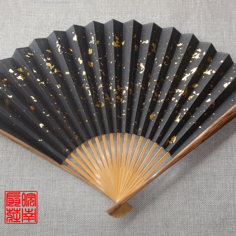 送扇袋宣纸折扇7-95寸18方棕竹扇骨玉竹芯观音竹文玩扇配苏面 三维工匠 95寸苏工黑洒金扇面扇子高清大图