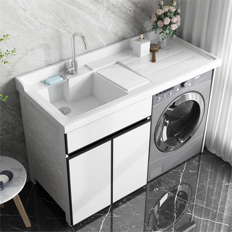 东映之画太空铝滚筒洗衣机柜子石英石台面带搓衣板水池阳台组合一体盆