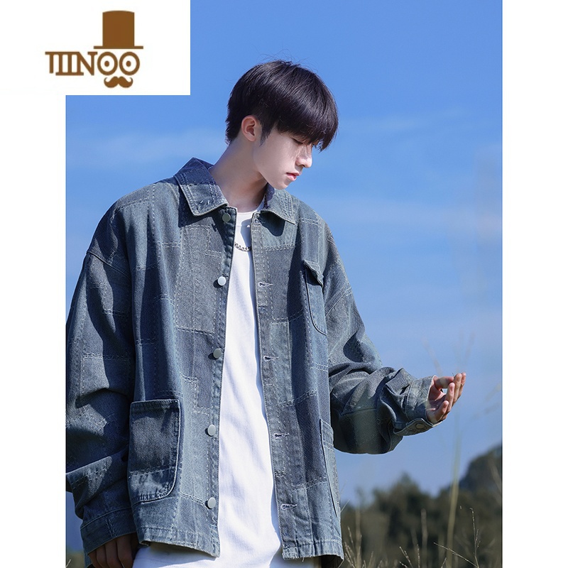 YANXU牛仔外套男士美式复古潮牌痞帅感水洗宽松休闲工装松夹高清大图