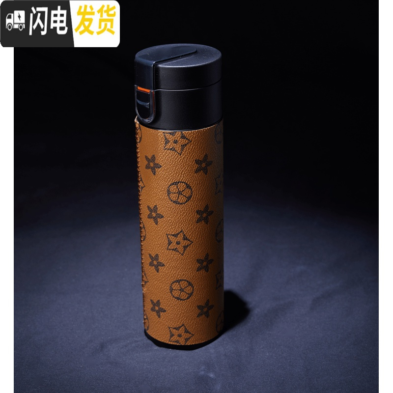 三维工匠私人订制 贴皮保温杯学生简约水杯瓶男女便携创意个性潮流大容量 浅棕色棕底黑花高清大图