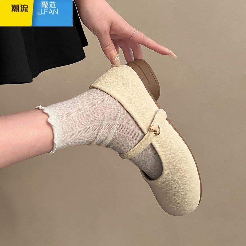 聚范圆头浅口复古百搭配裙子粗跟单鞋女2024新款夏季白色法式玛丽珍鞋图片