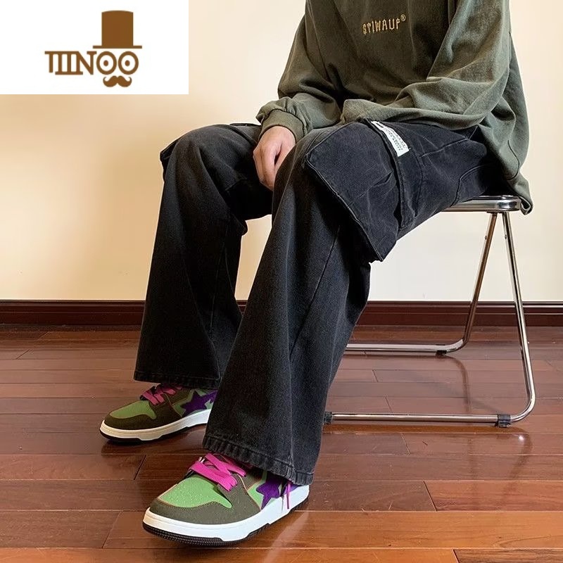 YANXU黑色多口袋工装牛仔裤男美式复古水洗潮牌街头宽松bf直筒休闲长裤高清大图