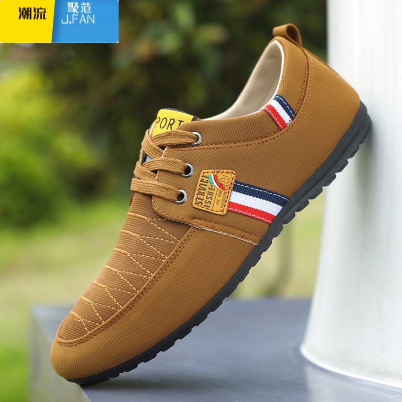 聚范男鞋秋季透气一脚蹬懒人帆布鞋休闲豆豆鞋百搭男士工作老北京布范高清大图