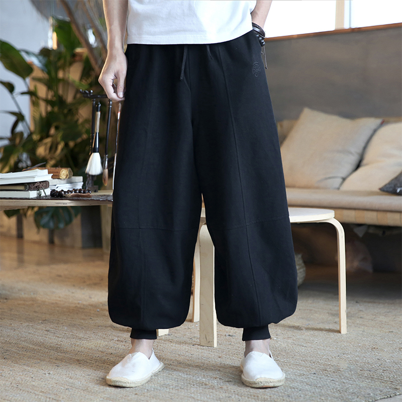 夏季中国风男士亚麻裤阔腿灯笼裤大码宽松棉麻休闲裤男束脚哈伦裤