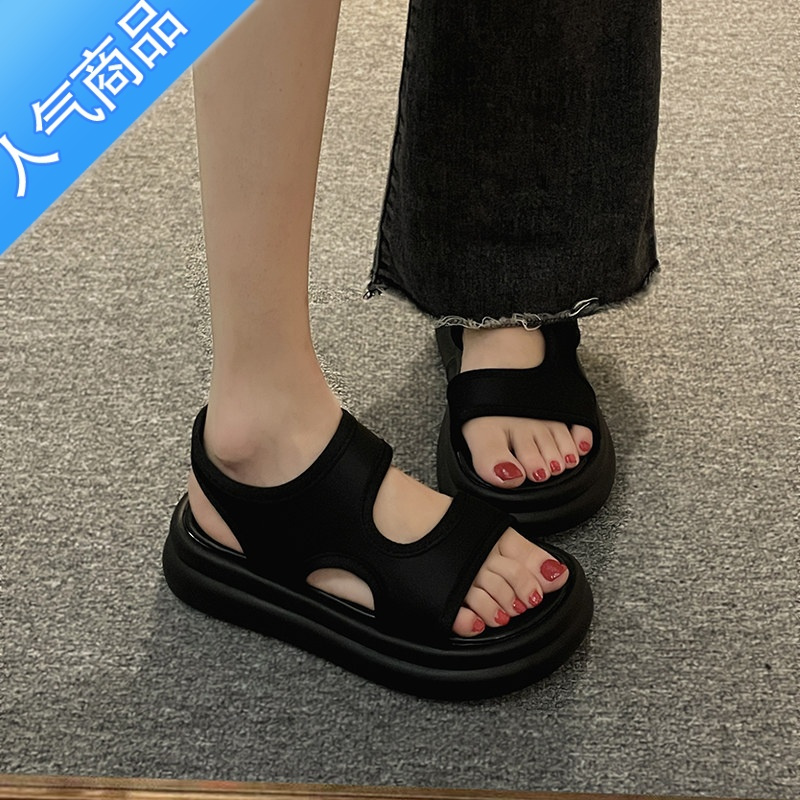 suntek厚底运动凉鞋女2023夏季新款厚底休闲软底沙滩凉鞋黑色女款