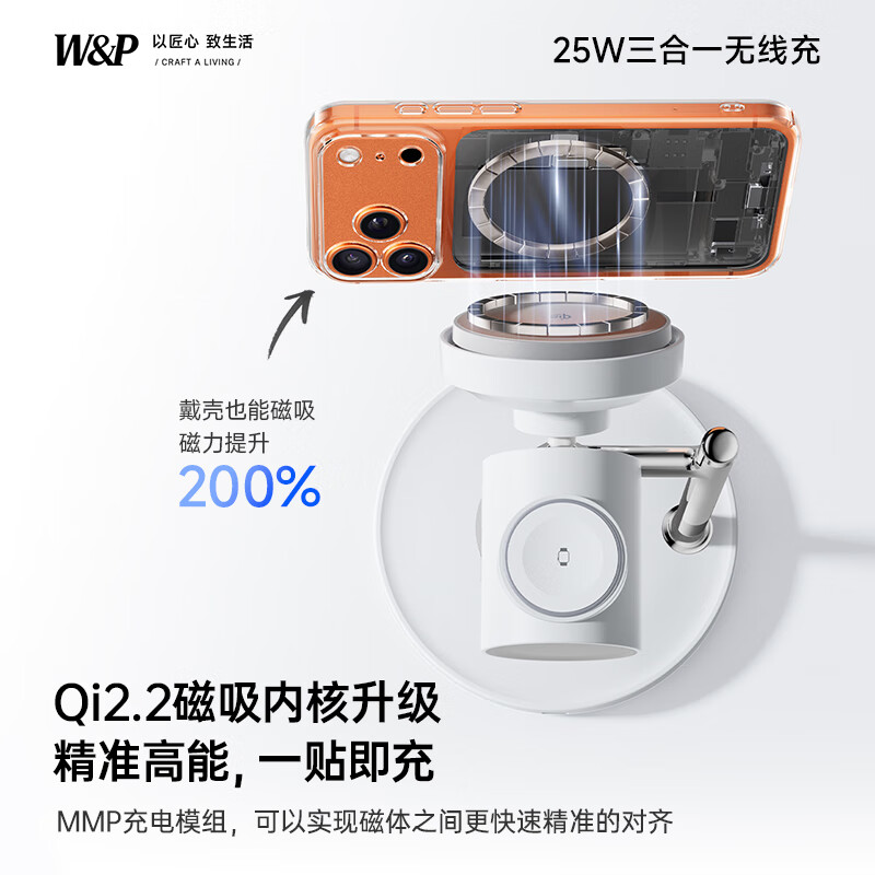W&P充电类QI2.2三合一无线充电架 BMDT13 白色高清大图