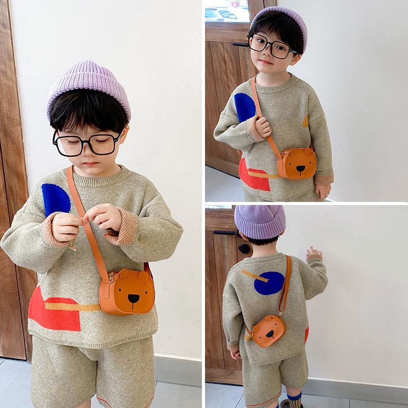 宝宝包包迷你韩版卡通小熊斜挎包洋气男女孩儿童可爱零钱包拎包潮棕色