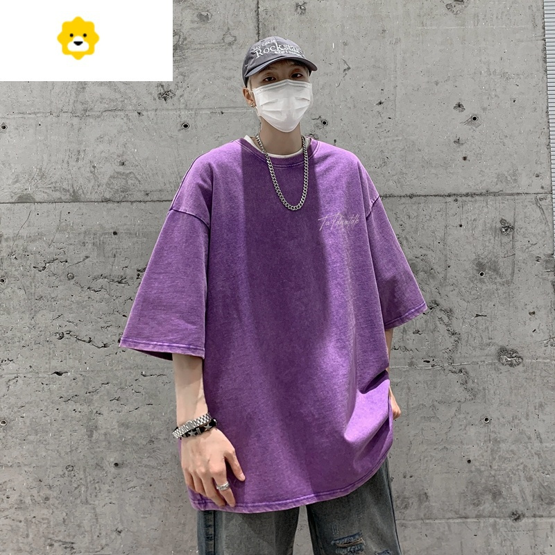 fish basket欧美高街水洗做旧紫色t恤短袖男美式复古400g半袖夏