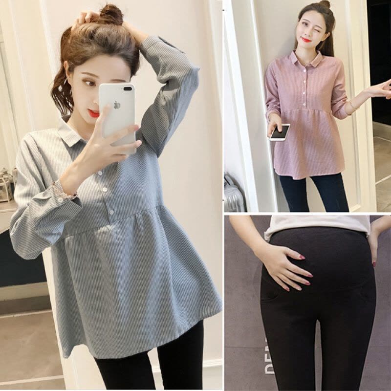 迪鲁奥(DILUAO)孕妇装套装时尚款2021新款秋装孕妇衬衫外出潮妈娃娃衫上衣两件套图片