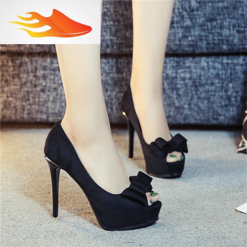 fishbasket12cm宴会春夏性感黑色显瘦蝴蝶结细跟鱼嘴高跟鞋新款套脚单