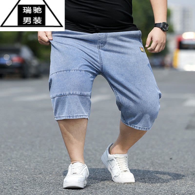 希杰狮王松紧腰牛仔短裤男士夏季宽松直筒高腰肥佬七分裤加肥加大码中裤子图片