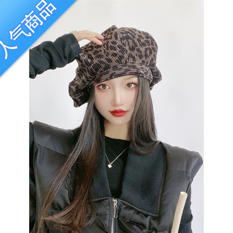 SUNTEK灯芯绒豹纹设计师原创网红大码贝雷帽女日韩系夸张云朵帽大头围62