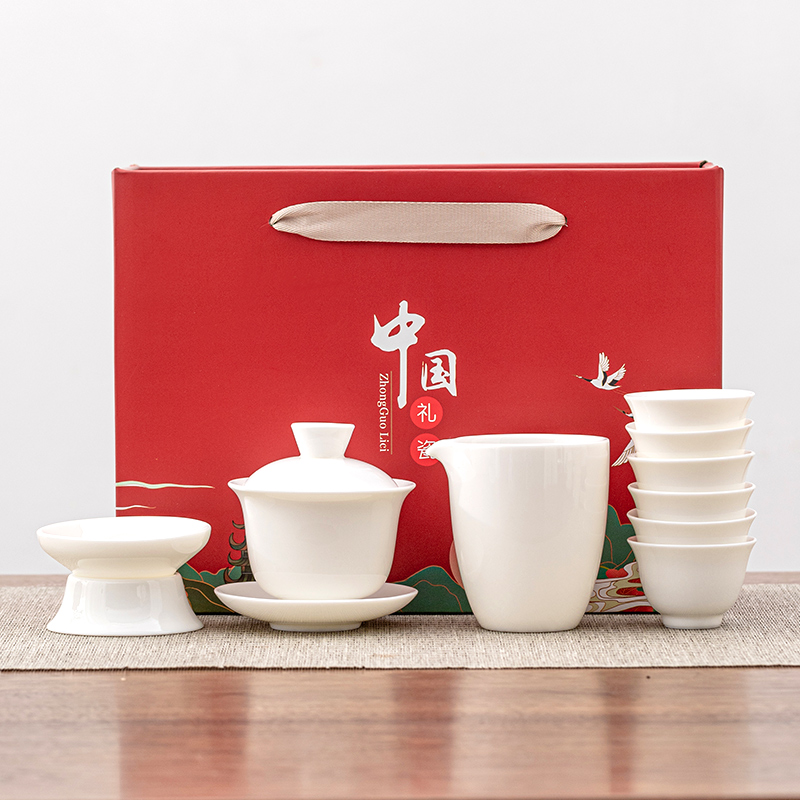 常生源 陶瓷功夫茶具套装 白瓷 一盖碗六杯 春山茶具高清大图