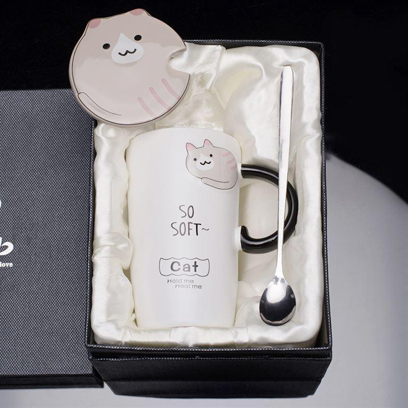 创意萌猫马克杯带盖勺办公室可爱陶瓷杯牛奶大容量卡通咖啡水杯子