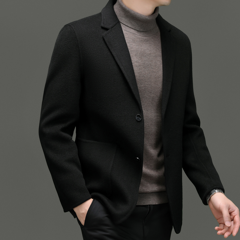 秋冬商务宴会山羊绒西装男毛呢大衣短款外套高端休闲羊毛呢小西服羊绒毛呢双面呢子大衣商务休闲西装外套高清大图