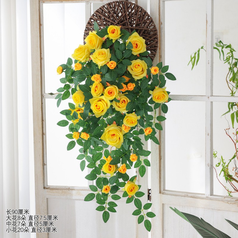 苏宁 龙云天盾 仿真玫瑰花藤假花如意玫瑰壁挂升级版黄色+飞盘篮 长90厘米宽30厘米