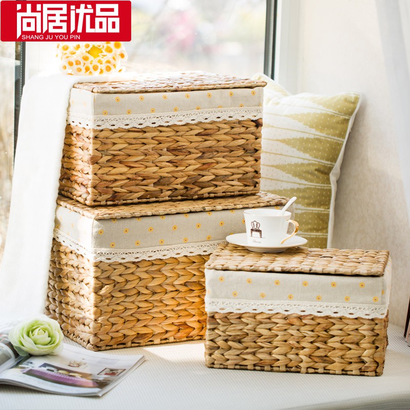 编织收纳箱有盖藤编收纳筐田园衣柜整理箱零食衣物衣服收纳盒 三维工匠高清大图