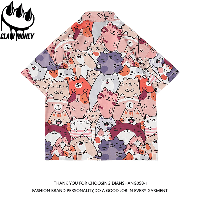 Claw money猫咪涂鸦花衬衫男短袖夏季潮牌冰丝宽松大码沙滩衬衣图片