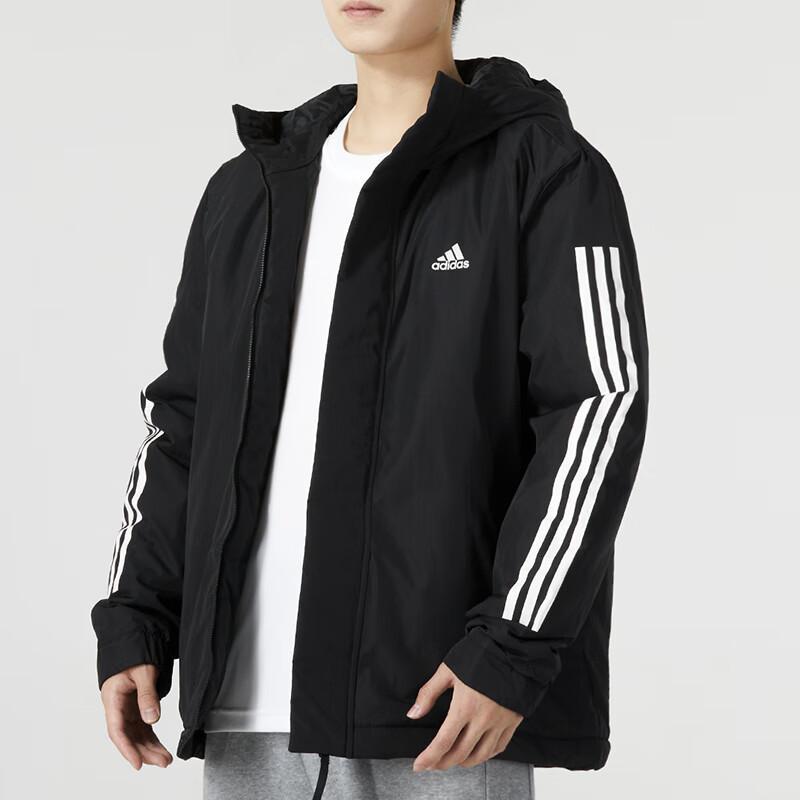 阿迪达斯 (adidas)男装 2023冬新款运动服时尚三条纹夹克保暖防风休闲连帽棉服外套